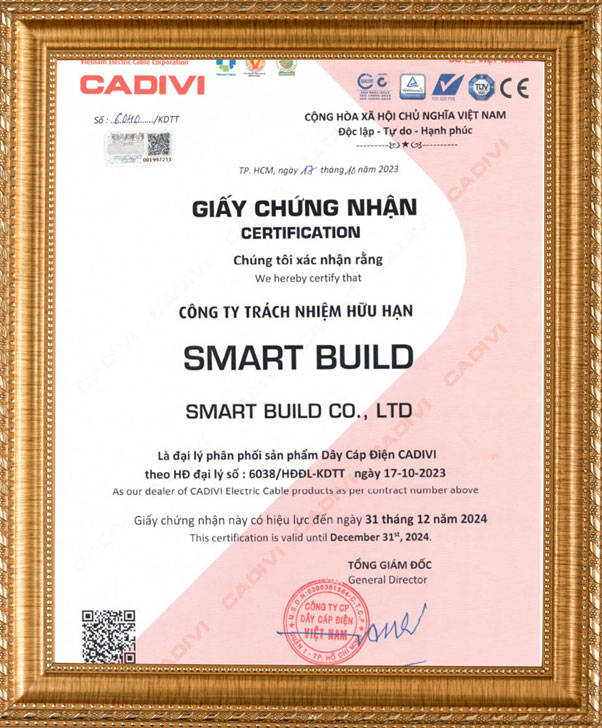 Giấy chứng nhận Smart Build là đại lý phân phối sản phẩm Dây Cáp Điện CADIVI